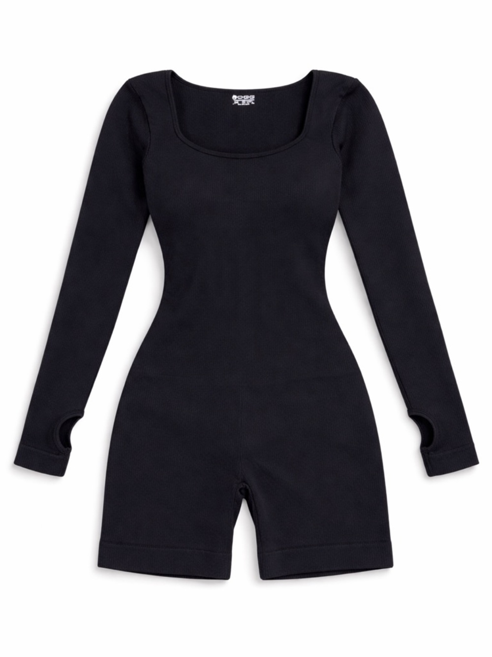 Black Ribbed Long Sleeve Romper Bodysuit Thumbhole Athleisure One Piece Size L